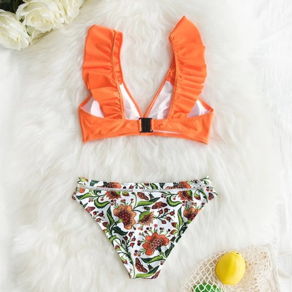 Cozumel Tropical Orange Floral Ruffle Bikini Set - Picture 5 of 6
